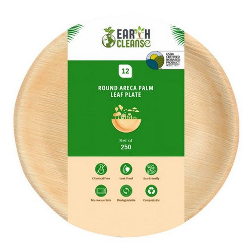 12" Round Areca Palm Leaf Plate Premium 250 Pack by Earth Cleanse