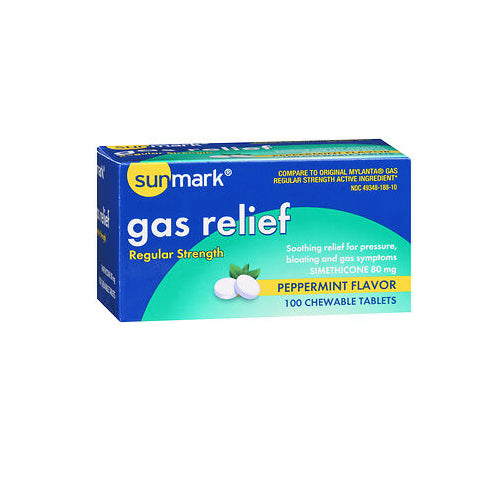 Sunmark, Sunmark Gas Relief Chewable Tablets Regular Strength Peppermint Flavor, 100 Tabs