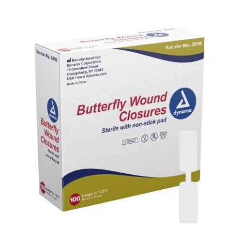 Dynarex, Skin Closure Strip Secure Strip 1/2 X 2-3/4 Inch Plastic Butterfly Closure White, Box Of 100