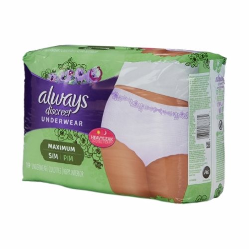 Always Discreet, Female Adult Absorbent Underwear Always  Discreet Pull On with Tear Away Seams Small / Medium Dispos, Pack Of 19