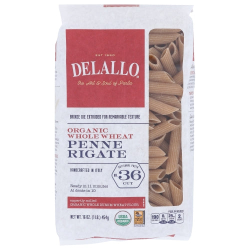 Delallo, Organic Whole Wheat Penne Rigate Pasta, Case of 8 X 16 Oz