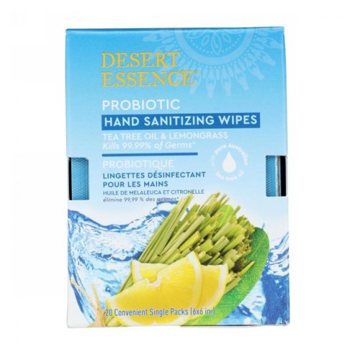 Desert Essence, Probiotic Hand Sanitizing Wipes Lemongrass, 20 Count